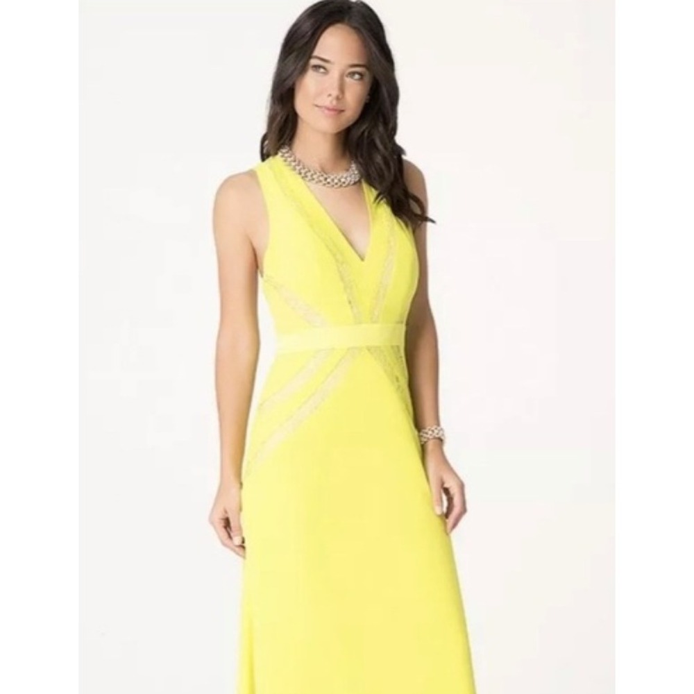 NEW Bebe Neon Bright Yellow Crepe Lace Inset Maxi Halter Gown Sz 4 Prom Formal